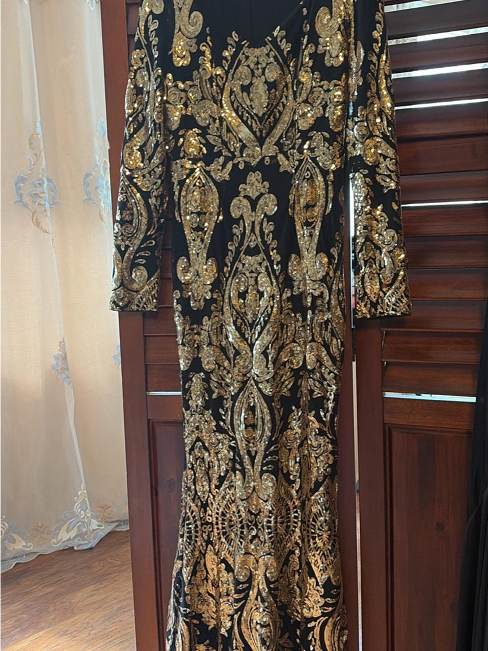 Elegant Black & Gold Sequin Evening Gown